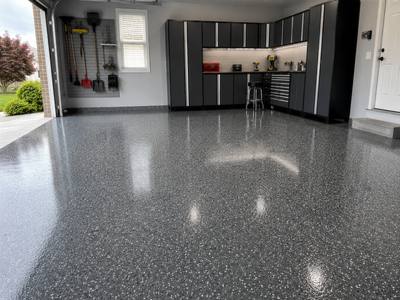 Grey flake floor finished tight to the garage door track