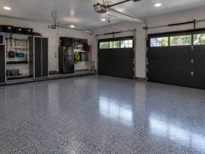 Double garage laid out in a mid grey chip blend