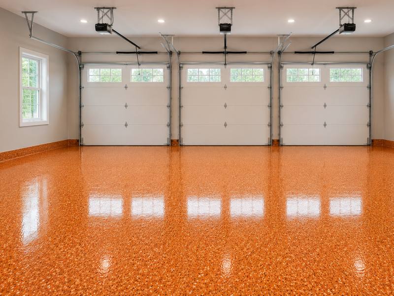Orange flake floor running the full depth of a three bay garage